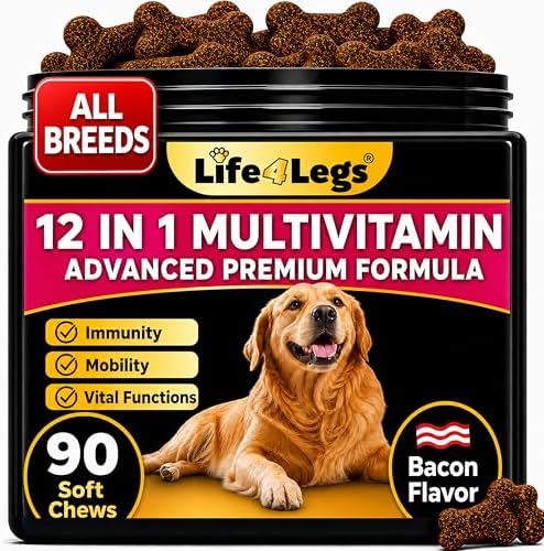 Soft Chews Dog Vitamins - Hemp Oil Glucosamine Chondroitin Hip and Joint Support Health, Skin & Coat Supplements, Digestion & Immune Booster, Heart, Probiotics, 90 Chews Bacon Flavour