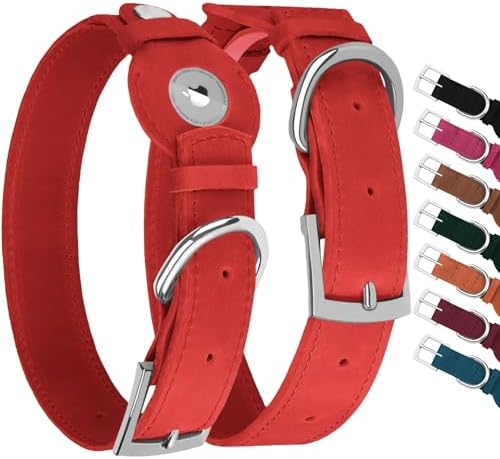 Leather Dog Collar with Airtag Holder - Apple Air Tag Dog Collars - Soft Tracking GPS Pet Collar for Small Medium Large Dogs Breed Puppy (Red, M, 12"-15" Neck Fit)