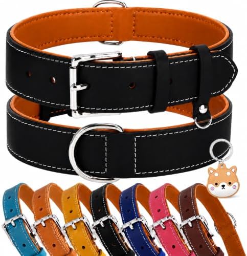 Genuine Leather Dog Collar, Soft Padded Leather Dog Collars with Airtag Holder Case for Small Medium Large X-Large Dogs,Comfort Heavy Duty Pet Collar with Durable Metal Buckle & D-Ring-Black/XS