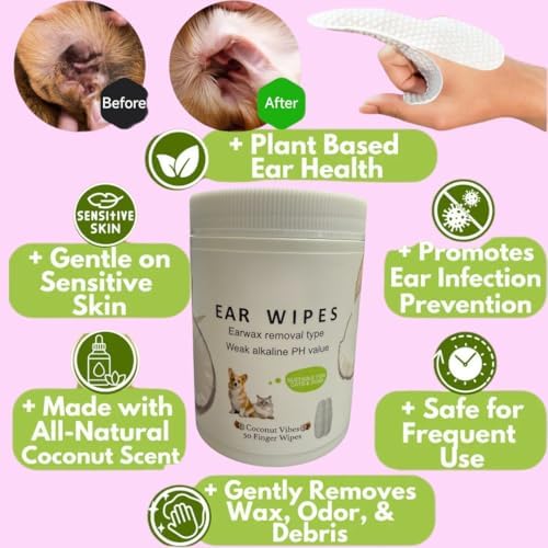 PET Dog Ear Wipes Finger 50 Count Dog Ear Cleaner Wipes for Dogs & Cats, Dog Ear Infection Treatment to Relieve Ear Itching & Inflammation, Remove Ear Wax, Dirt, Smelly - Fresh Coconut Scent