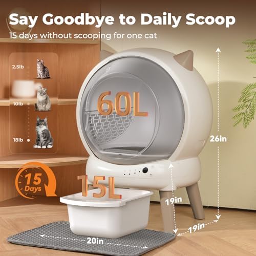Self Cleaning Litter Box - E2 Automatic Cat Litter Box Smart Self Cleaning Robot for Cats, Double Safety Protection, App Control, 2 Roll Garbage Bags & Mat（White & Grey