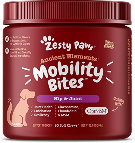 Zesty Paws Mobility Bites Dog Joint Supplement - Hip and Joint Chews for Dogs - Pet Products with Glucosamine, Chondroitin, & MSM + Vitamins C and E for Dog Joint Relief - AE - Bison - 90 Count