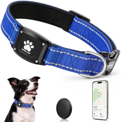 GPS Dog Collar with Tracker, Waterproof, No Monthly Fee, Blue, XS | Works with Apple Find My, iOS Only, MFi Certified, No SIM Card, for Small Dogs, Reflective Padded Nylon, Neck 10.5-13.5 in