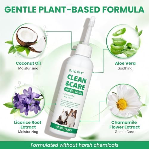 Dog Ear Cleaner & Cat Ear Wash with Flexible Silicone Tip, Gentle Deep Cleaning Solution for Ear Wax, Dirt & Odor, Aloe Vera Pet Ear Care Formula, Safe Daily Ear Hygiene, 4.05oz