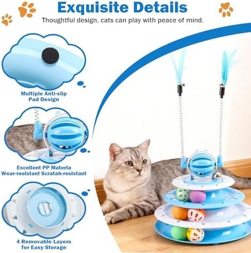 Cat Turntable Toy Ball - Interactive Kitten Toys & Toys for Indoor Cats with 6 Colorful Balls & 2 Cat Teaser Wands, Fun Mental & Physical Exercise Puzzle Plaything for Kitty Kitten to Play (Pink)