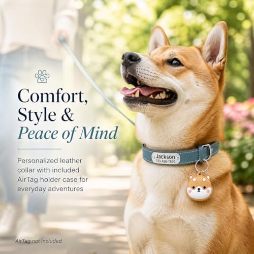 Personalized Genuine Leather Dog Collar with Name Phone Number-Sky Blue-XS