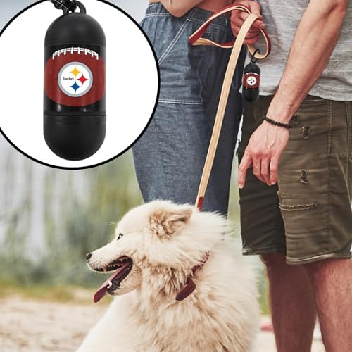 Pets First NFL PITTSBURGH STEELERS PET LICENSED Poop Waste Bag Dispenser and D Ring for Leash with 15 Premium Garbage Bags