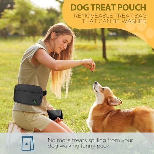 Puppy Dog Treat Pouches for Pet Training Treat Bag, Dog Walking Fanny Pack with Carabiner, Built-in Poop Bag Dispenser & Reuse Dog Poop Holder, Puppy Pet Treat Waist Belt (Black)