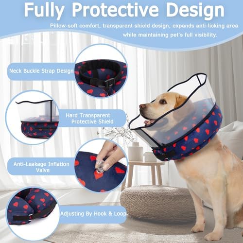 Inflatable Dog Cone Collar with Enhanced Anti-Licking Shield – Soft Adjustable Recovery Collar for Dogs & Cats After Surgery – Fits Large, Medium, Small Pets (Blue Love, Small)