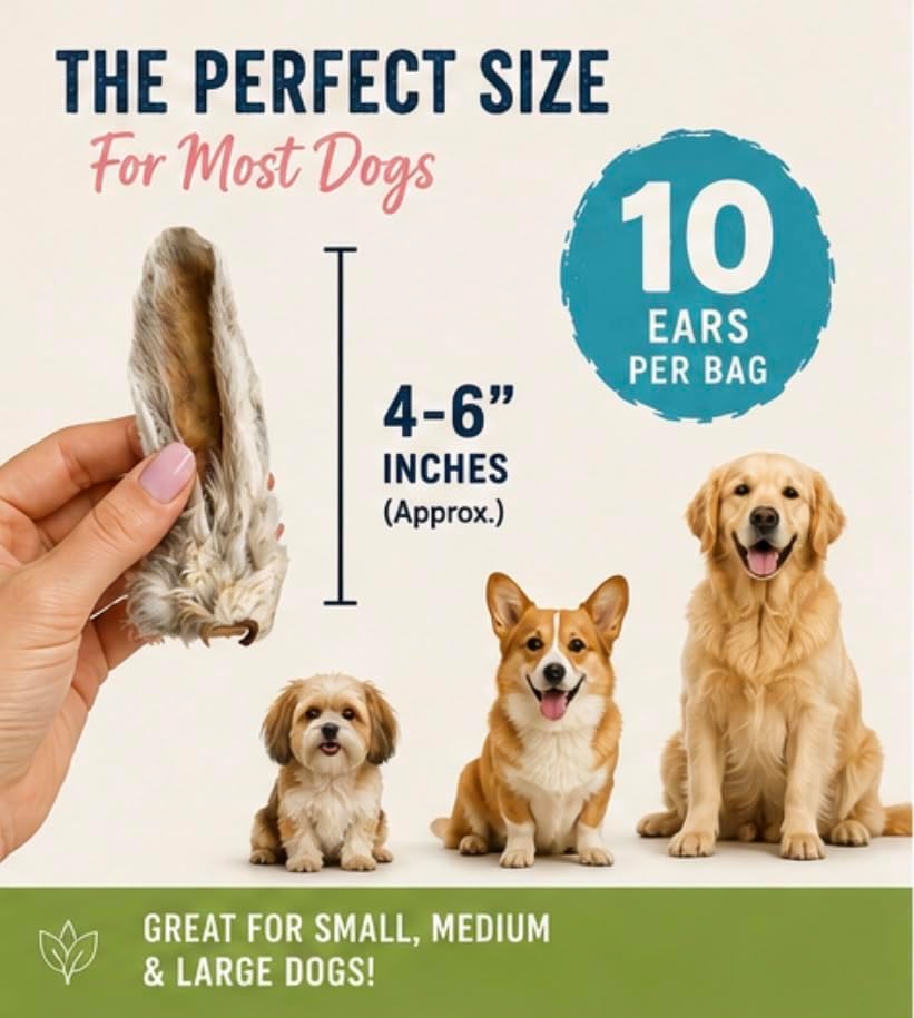 Rabbit Ears for Dogs with Fur – Air Dried Single Ingredient Dog Treats – Natural Rabbit Ear Chews for Dental Health & Digestion – High Protein Dog Chews – 10 Count