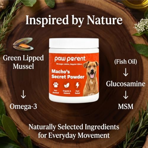 Paw Parent Macho's Secret Powder, Green Lipped Mussel Hip & Joint Powder for Dogs, Spine and Disc Powders, Cardiac Shield Formula with Glucosamine, Msm & Omega-3 for Mobility Support，3Pc