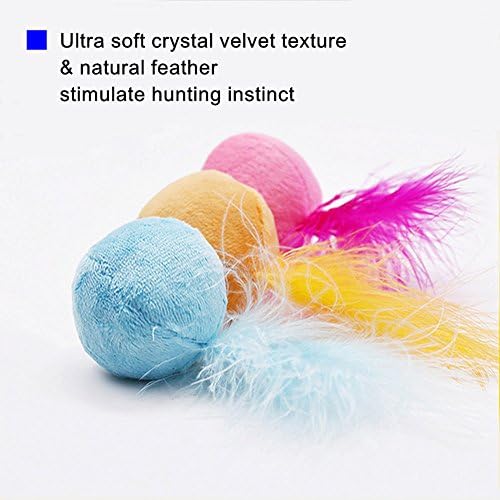 Furry Rattle Ball Cat Toy with Feather and Catnip - Interactive Pom Pom Balls for Cats, Soft and Lightweight, 2 Inch, 6 Pack.