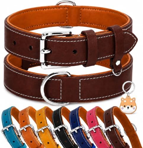 Genuine Leather Dog Collar, Soft Padded Leather Dog Collars with Airtag Holder Case for Small Medium Large X-Large Dogs,Comfort Heavy Duty Pet Collar with Durable Metal Buckle & D-Ring-Brown/S