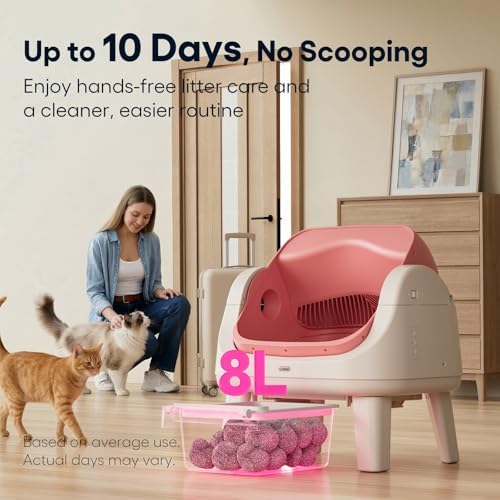 PetPivot Open Top Self Cleaning Cat Litter Box, Automatic Litter Box with 7 Pairs of Safety Sensors, Anti-Pinch Protection and Easy Access Step for Senior Cats, Pink