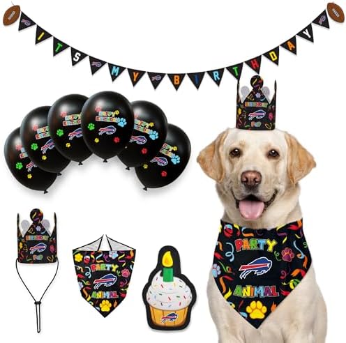 NFL Buffalo Bills Pet Birthday Bandana, NFL Dog Birthday Party Set and Costume, Licensed Dog & Cat Birthday Party Scarf, Football Team Pet Outfit, Puppy Bday Accessory, Size Small/Medium