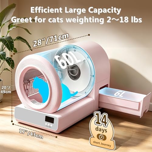 Self Cleaning Cat Litter Box for Multiple Large Cats - 60L Capacity, APP Control Automatic Litter Box with Safety Sensors, Odor-Free & Anti-Leakage, Includes Litter Mat & Litter Scoop,Pink