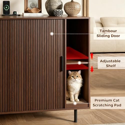 Large Cat Litter Box Enclosure with Scratch Pad, 42.6'' Hidden Litter Box Furniture for Automatic self-Cleaning Litter Boxes, Sliding Door, Adjustable Shelf for Dog Proof, Charging Station, Walnut