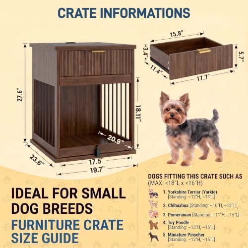 Dog Crate End Table with Charging Station, Wooden Dog Kennel Furniture with Hideaway Tempered Glass Door, Multi-Functional Pet Station Side Table with Storage Drawer (Antique Brown)