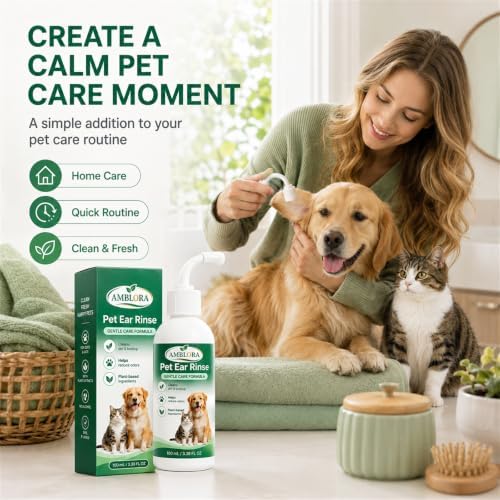 Amblora Pet Ear Rinse, Ear Cleaner for Dogs & Cats, Gentle Pet Ear Cleaning Solution for Daily Grooming, Helps Remove Dirt and Buildup, Fresh Ear Care Rinse with Easy Applicator for Pets