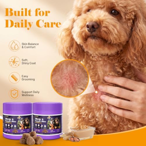 Dog Allergy Chews for Dogs - Skin & Coat, Digestive Health & Immune Support, Peanut Butter Flavor, 2 Bottles, 240 Soft Chews