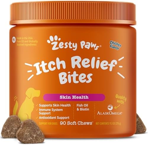 Zesty Paws Dog Itch Relief Chews - Omega-3 Fish Oil for Dogs, Chicken, 90ct