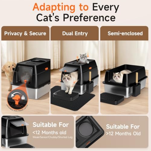 XL Enclosed Stainless Steel Litter Box with Lid,Black