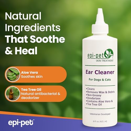 Epi-Pet Dog & Cat Ear Cleaner Solution with Aloe Vera & Tea Tree Oil – Removes Itchy Ear Wax, Debris, Odor – Ears Wash, Drops & Flush for Pets, Dog Ears Cleaning, Cat Cleaner (16 oz- Pack of 3)