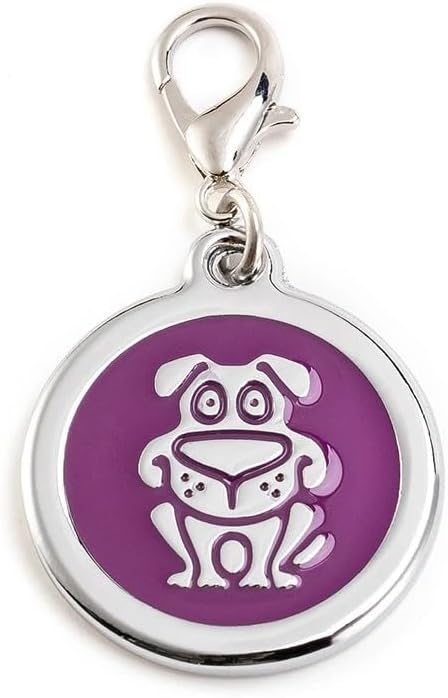 Personalized Funky Dog Design Pet ID Tags with Quick Tag Clip - Puppy Name tag, Happy Dogs ID tag, Laser Engraved pet Tags, Custom pet Name tag (Dog-Round-Small: Purple)