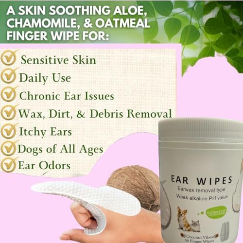 PET Dog Ear Wipes Finger 50 Count Dog Ear Cleaner Wipes for Dogs & Cats, Dog Ear Infection Treatment to Relieve Ear Itching & Inflammation, Remove Ear Wax, Dirt, Smelly - Fresh Coconut Scent