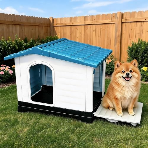 Elevated 2-Door Plastic Dog House Kennel with Fold-Out Porch