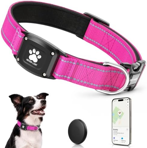 GPS Dog Collar with Tracker, Waterproof, No Monthly Fee, Hot Pink, XS | Works with Apple Find My, iOS Only, MFi Certified, No SIM Card, for Small Dogs, Reflective Padded Nylon, Neck 10.5-13.5 in