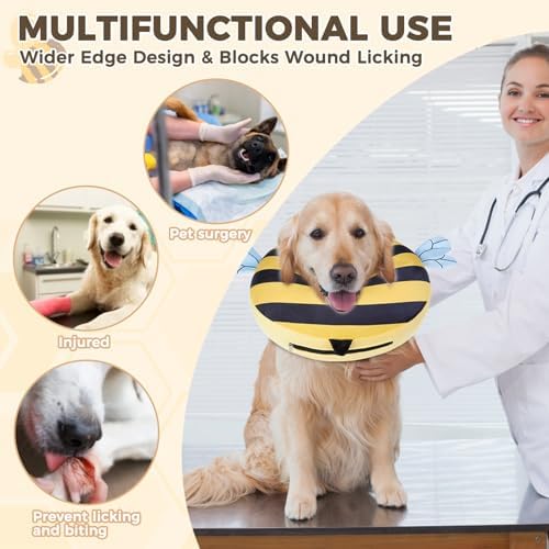PAWCHIE Inflatable Dog Cone Collar Alternative, Soft Dog Cone for Medium to Large Dogs After Surgery, Adjustable Neck Recovery E-Collars Donut Collar with Cute Bee Shape, Yellow M