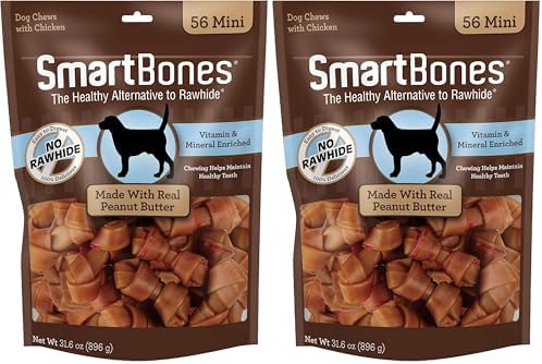 SmartBones Mini Bones with Real Peanut Butter, Rawhide-Free Chews for Dogs 56 Count (Pack of 2)