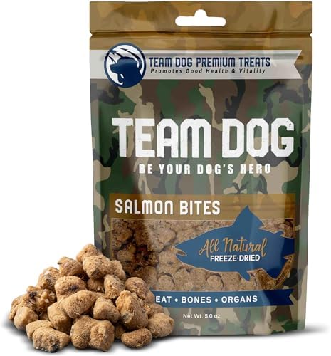 Team Dog Freeze Dried Salmon Dog Treats for Training | Healthy Gluten Free, Grain Free Dog Treats | No Added Fillers, Flavoring or by-Products | for All Breeds & Sizes | 5 Oz Salmon Bites