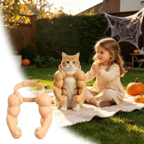 Cat Muscle Arms Pet Costume, Funny 3D Printed Buff Design, Lightweight Adjustable Neck Hanging Shoulder Outfit with Big Biceps Hands, Halloween Cosplay Photo Prop for Cats & Small Dogs, Large