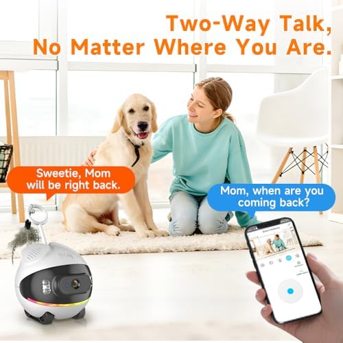 Pet Camera Robot with Cat Teaser: Battery-Operated, Movable with Phone App, 2-Way Talk, Video/Photo, Night Vision