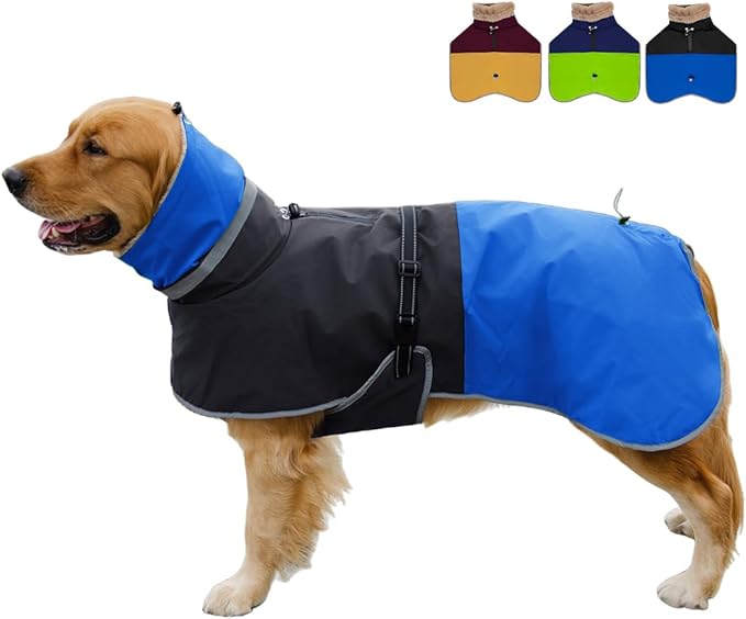 Waterproof Dog Winter Coat, Reflective Turtleneck Fleece Jacket with Snow Protection for Large Dogs, Cold Weather Pet Clothing (Blue, 6XL)