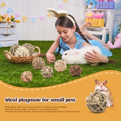 17 Pcs Bunny Chew Grass Balls, Hangable Natural Handmade Enrichment Toys for Teeth Grinding, Enrichment Treats for Rodents Rabbits Guinea Pigs Chinchillas Hamsters Mice, Rolling Chew Toys (2.4")