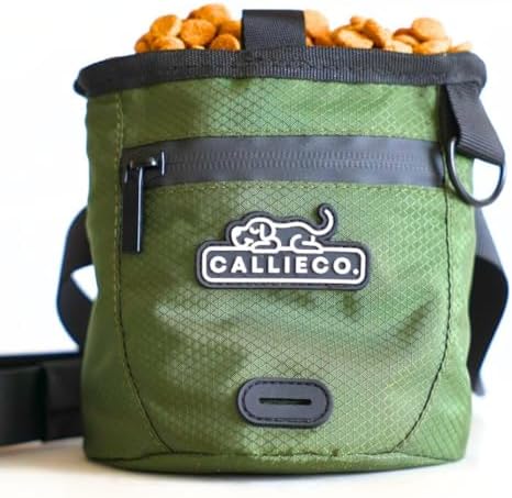 Callieco Mini Dog Treat Pouch with Magnetic & Zipper Closure | Small Waist Belt Training Behavior Aid Bag for Dog Walking with Poop Bag Dispenser (Green)