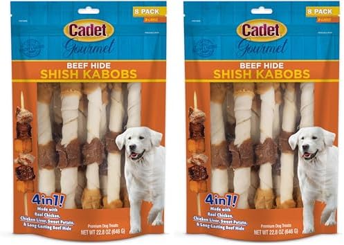 Cadet Gourmet Shish Kabob Dog Chews for Large Dogs, Rawhide Treats with Chicken and Sweet Potato, Healthy & Natural Beef Hide, 10-Inch Sticks, 8 Count (Pack of 2)