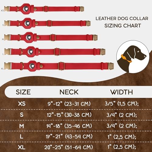 AirTag Dog Collar - Genuine Leather Dog Collar with Apple AirTag Holder and Metal Buckle - Smart GPS Tracking Pet Collars (Red, XL, 20"-25" Neck Fit)