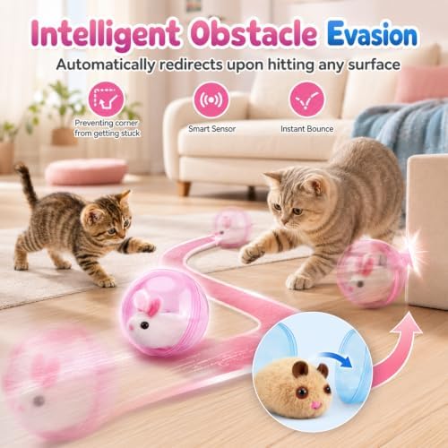 Automatic Rolling Ball Hamster, Self-Rolling Interactive Cat Ball, Hamsters Running Exercise Balls - Interactive Plush Toys, Hands-Free Play for Indoor Cats, Small Dogs Chasing (Pink, Rabbit)