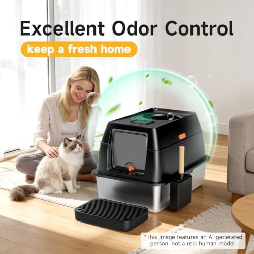 XL Enclosed Stainless Steel Litter Box with Lid,Black