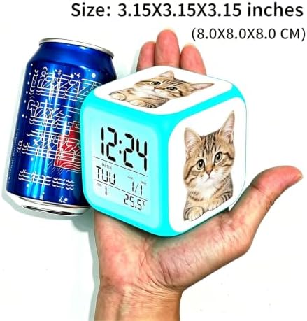 Wake Up Light Tabby Cat Cube Alarm Clock, Battery Powered 7 Color Changing LED Light, Calendar Thermometer Animal Print Kids Bedside Decor Gift