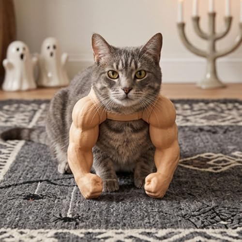 Cat Muscle Arms Pet Costume, Funny 3D Printed Buff Design, Lightweight Adjustable Neck Hanging Shoulder Outfit with Big Biceps Hands, Halloween Cosplay Photo Prop for Cats & Small Dogs, Large