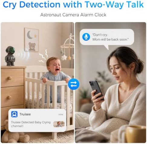 2K Astronaut Indoor Clock Camera, WiFi‑6 2.4G/5G Baby Pet Monitor, Temp‑Humidity Display, 2‑Way Audio, Color Night Vision, AI Baby Cry / Human Detection, TF Card & Cloud Storage, Works with Alexa