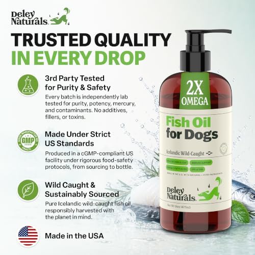 Deley Naturals Fish Oil for Dogs - Itch Relief for Dogs with Omega 3 6 9 for Skin, Joints, Heart and Brain Health - Icelandic Omega 3 Fish Oil for Dogs Skin Irritation - 16oz Omega Oil Made in USA