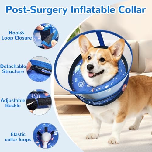 Inflatable Dog Cone Collar with Anti-Licking Clear Shield, for Dogs Cats