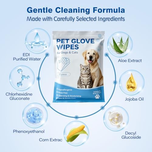 12 Pcs Pet Glove Wipes for Dogs and Cats - Disposable Dog Washing and Cleaning Gloves for Fur, Paw, Coat, Face, Unscented No-Rinse Dog Bath Wipes for Quick Daily Care, Grooming and Travel