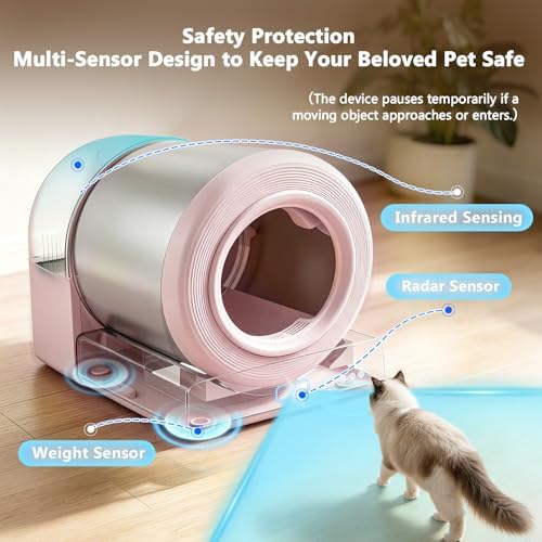 Self Cleaning Cat Litter Box for Multiple Large Cats - 60L Capacity, APP Control Automatic Litter Box with Safety Sensors, Odor-Free & Anti-Leakage, Includes Litter Mat & Litter Scoop,Pink